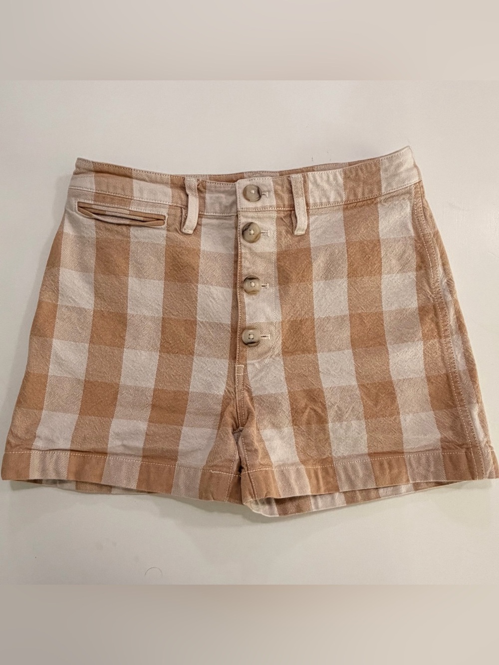 Madewell High Rise Button Front Gingham Plaid Stretch Canvas Shorts Tan Size 28